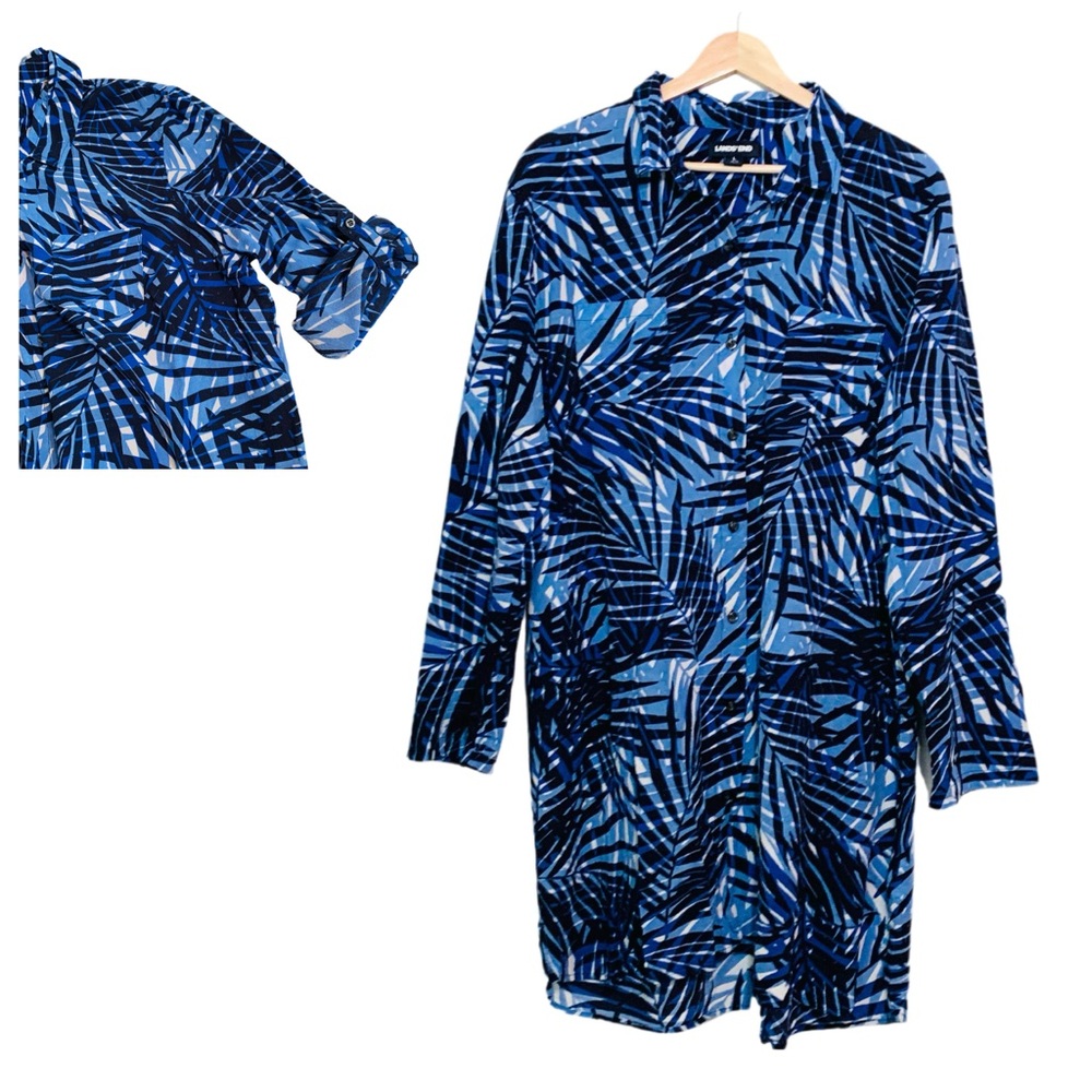 Lands' End Blue Palm-Print Women's Swim Coverup